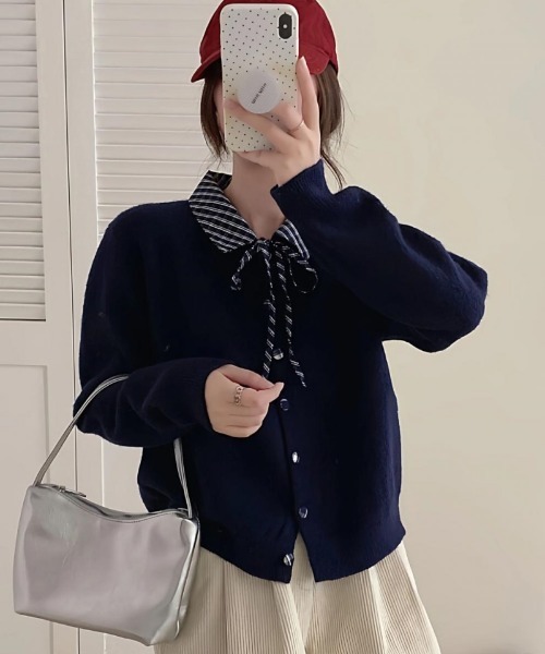 Ritzy(リッツィー)の「フェイクレイヤード チェック衿&リボン付き ニットカーディガン(カーディガン/ボレロ・レディース・ホワイト/グレー/レッド/ネイビー・FREE)」の3枚目の写真