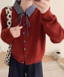 フェイクレイヤード チェック衿&リボン付き ニットカーディガン