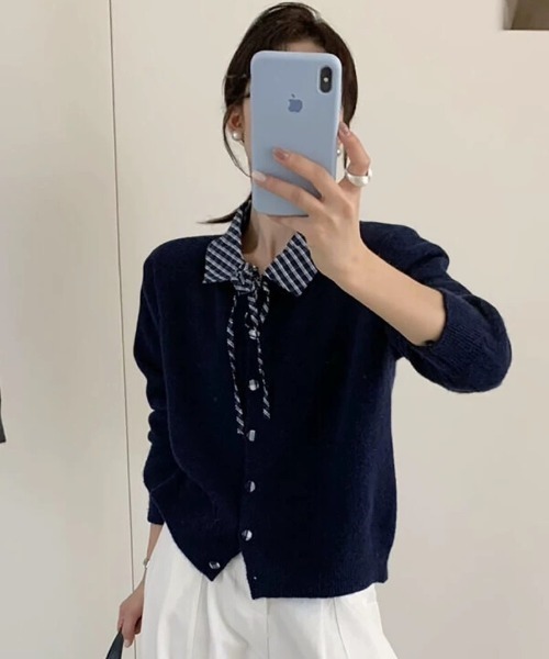 Ritzy(リッツィー)の「フェイクレイヤード チェック衿&リボン付き ニットカーディガン(カーディガン/ボレロ・レディース・ホワイト/グレー/レッド/ネイビー・FREE)」の13枚目の写真