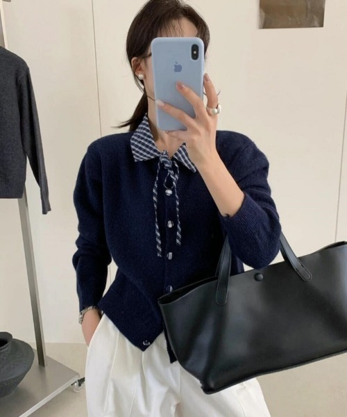 Ritzy(リッツィー)の「フェイクレイヤード チェック衿&リボン付き ニットカーディガン(カーディガン/ボレロ・レディース・ホワイト/グレー/レッド/ネイビー・FREE)」の12枚目の写真