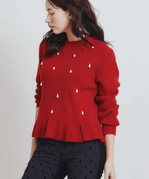PICCIN PERLA(ピッチンペルラ)の「ティアドロップパールペプラムニット(ニット/セーター・レディース・オフホワイト/ブラック/レッド・M)」の15枚目の写真