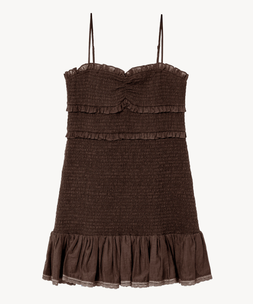 LADY VOLUME（レディーボリューム）の「フリルスモックミニドレス (ブラウン)（ワンピース・レディース・その他・SMALL/MEDIUM）」の2枚目の写真