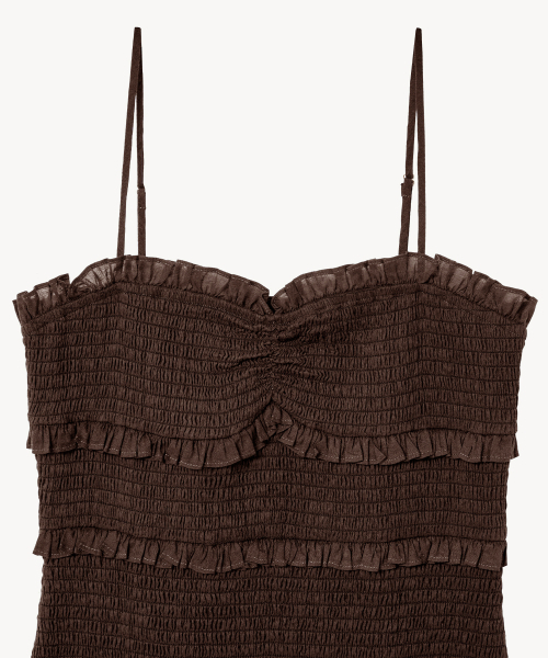 LADY VOLUME（レディーボリューム）の「フリルスモックミニドレス (ブラウン)（ワンピース・レディース・その他・SMALL/MEDIUM）」の3枚目の写真