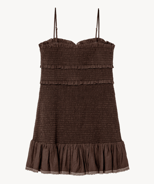LADY VOLUME（レディーボリューム）の「フリルスモックミニドレス (ブラウン)（ワンピース・レディース・その他・SMALL/MEDIUM）」の4枚目の写真