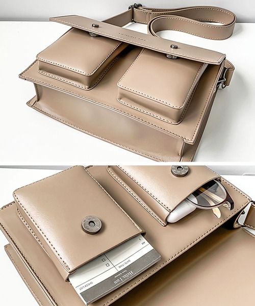 florist（フローリスト）の「【ユニセックス・2WAY】レザーライクダブルポケットショルダーバッグ（ショルダーバッグ・メンズ・ブラック/ホワイト/キャメル/ベージュ・FREE）」の12枚目の写真