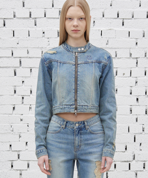 Washed denim biker jacket vintage blue