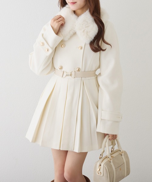 櫻 エナメルプリーツスコート ホワイト 白 丈30 30ひだ 2506 フェイクファー襟プリーツミドルコート（その他アウター）｜one after