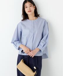 human woman | ◆【ウォッシャブル】綿ポリエステル先染ノーカラーブラウス(シャツ/ブラウス)