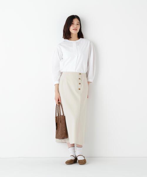 human woman（ヒューマンウーマン）の「◆【ウォッシャブル】綿ポリエステル先染ノーカラーブラウス（シャツ/ブラウス・レディース・ホワイト/ブルー系その他3・MEDIUM）」の5枚目の写真