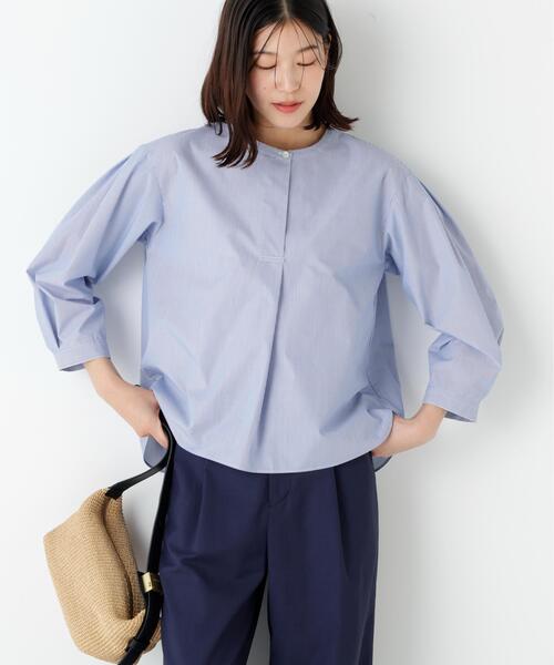 human woman（ヒューマンウーマン）の「◆【ウォッシャブル】綿ポリエステル先染ノーカラーブラウス（シャツ/ブラウス・レディース・ホワイト/ブルー系その他3・MEDIUM）」の10枚目の写真