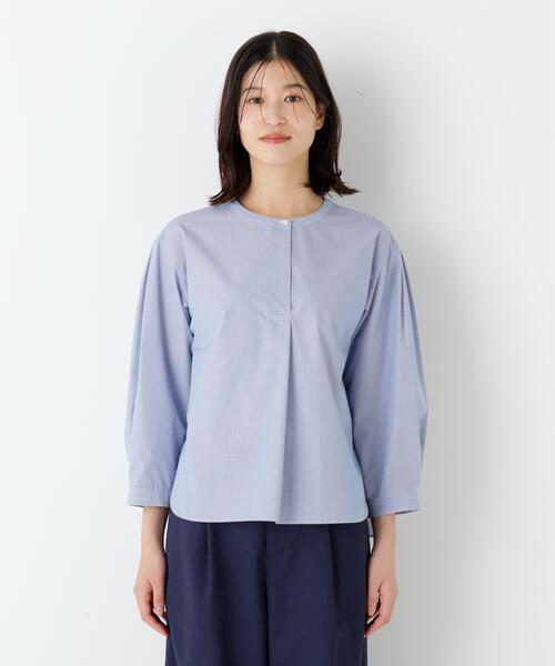 human woman（ヒューマンウーマン）の「◆【ウォッシャブル】綿ポリエステル先染ノーカラーブラウス（シャツ/ブラウス・レディース・ホワイト/ブルー系その他3・MEDIUM）」の12枚目の写真