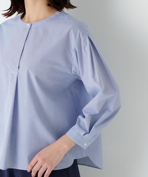 human woman（ヒューマンウーマン）の「◆【ウォッシャブル】綿ポリエステル先染ノーカラーブラウス（シャツ/ブラウス・レディース・ホワイト/ブルー系その他3・MEDIUM）」の16枚目の写真