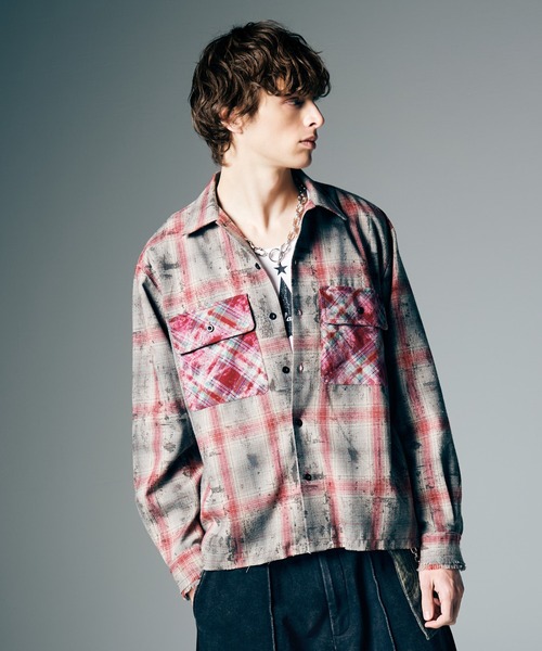 glamb(グラム)の「Grunge Stain Check Shirt / グランジステインチェックシャツ(シャツ/ブラウス・メンズ・レッド/ブルー・S/M/L)」の9枚目の写真