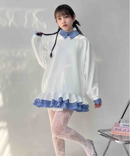 AS KNOW AS plus(アズノゥアズプラス)の「〇シャツドッキングデザイン フリルチュニック(チュニック・レディース・ネイビー/杢グレー/アイボリー・FREE)」の1枚目の写真