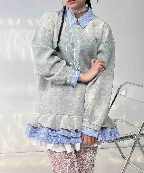 AS KNOW AS plus(アズノゥアズプラス)の「〇シャツドッキングデザイン フリルチュニック(チュニック・レディース・ネイビー/杢グレー/アイボリー・FREE)」の7枚目の写真