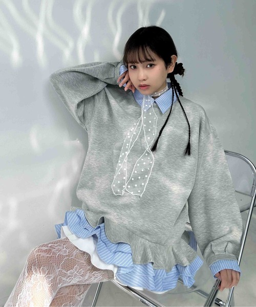 AS KNOW AS plus(アズノゥアズプラス)の「〇シャツドッキングデザイン フリルチュニック(チュニック・レディース・ネイビー/杢グレー/アイボリー・FREE)」の4枚目の写真