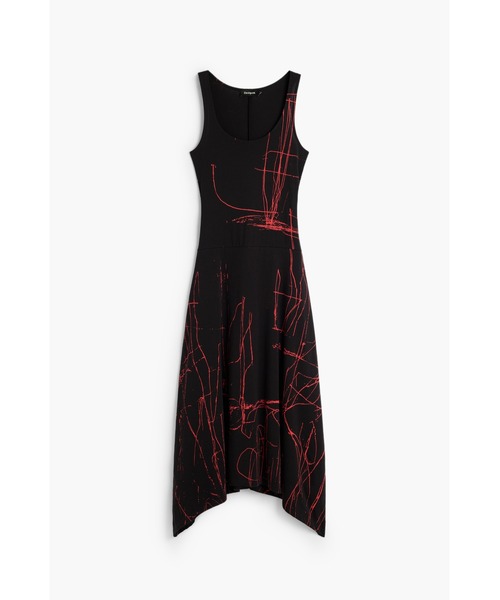 Desigual(デシグアル)の「スクリブルプリントアシンメトリーミディドレス(ワンピース・レディース・ブラック・XL/L/M/S/XS)」の2枚目の写真