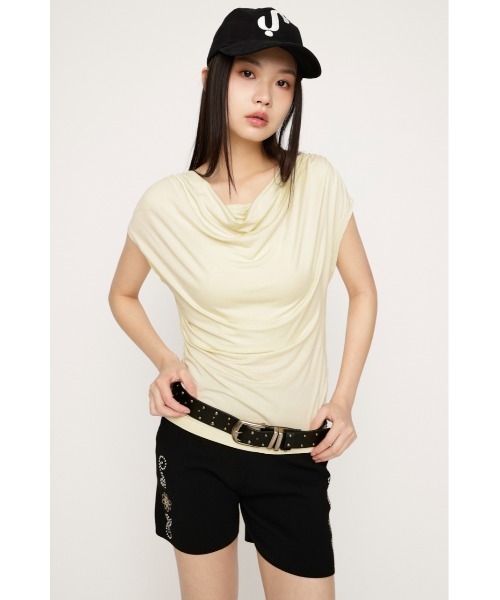 SLY（スライ）の「【SNSで話題！】DRAPE NECK CUT TOPS ドレープネックカットトップス 春服 夏服（Tシャツ/カットソー・レディース・杢グレー/ブラウン/アイボリー/ブラック・FREE）」の5枚目の写真