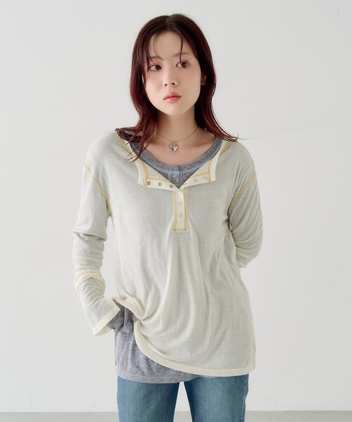 Kastane(カスタネ)の「とろみヘンリーロンTEE(Tシャツ/カットソー・レディース・ネイビー/アイボリー/グレー・FREE)」の4枚目の写真