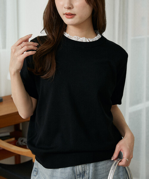 シートーキョー SHE Tokyo Grit ニット F｜ブラック トップス 半袖 プルオーバー クルーネック【2400014874693】 FREAK'S STORE（フリークスストア） ニット セーター 限定展開 クール