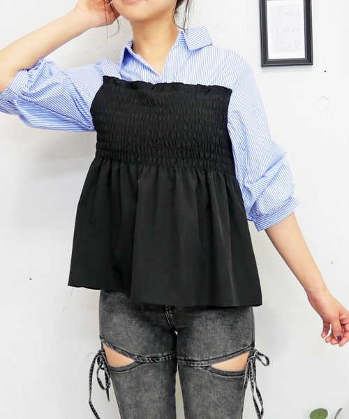 FUN(ファン)の「ビスチェブラウス(シャツ/ブラウス・レディース・ドット/ブルー系/オフホワイト/ホワイト×ブラック・FREE)」の1枚目の写真
