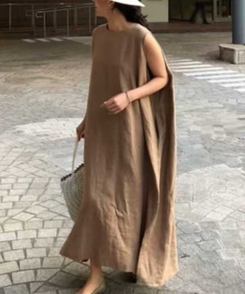 AMAJI（アマジ）の「コットンリネン ノースリーブ ロング丈 ワンピース（ワンピース・レディース・ベージュ/カーキ・SMALL/MEDIUM/LARGE/X-LARGE）」の6枚目の写真