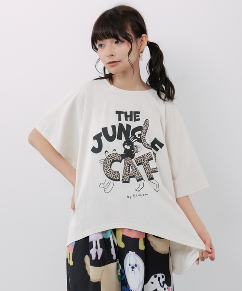 ScoLar（スカラー）の「162702：ヒョウ柄ロゴ乗りラビル アシメ2wayプルオーバー（Tシャツ/カットソー・レディース・ブラック/ブラウン/オフホワイト・M）」の2枚目の写真