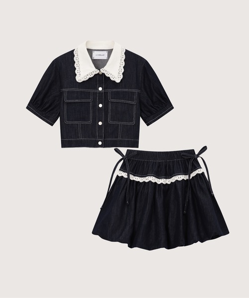 LA POMME petit(ラポミ・プチ)の「Sweet Lace Collar Flare Denim Skirt Set Up(セットアップ・レディース・ブルー・FREE)」の1枚目の写真