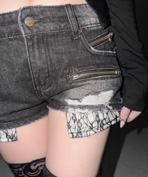 me+em select(ミームセレクト)の「【 3color / 3size 】レースポケットダメージデニムマイクロショートパンツ/ lace pocket damage denim micro short pants(デニムパンツ・レディース・ピンク/ブラック/ブルー・SMALL/MEDIUM/LARGE)」の10枚目の写真