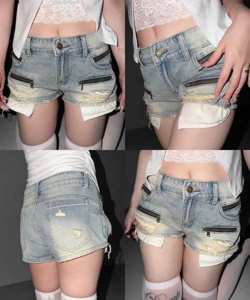 me+em select(ミームセレクト)の「【 3color / 3size 】レースポケットダメージデニムマイクロショートパンツ/ lace pocket damage denim micro short pants(デニムパンツ・レディース・ピンク/ブラック/ブルー・SMALL/MEDIUM/LARGE)」の6枚目の写真
