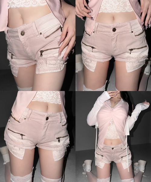 me+em select(ミームセレクト)の「【 3color / 3size 】レースポケットダメージデニムマイクロショートパンツ/ lace pocket damage denim micro short pants(デニムパンツ・レディース・ピンク/ブラック/ブルー・SMALL/MEDIUM/LARGE)」の7枚目の写真