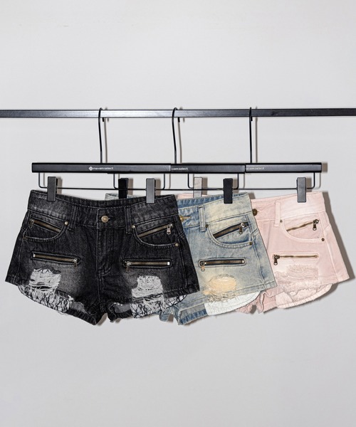me+em select(ミームセレクト)の「【 3color / 3size 】レースポケットダメージデニムマイクロショートパンツ/ lace pocket damage denim micro short pants(デニムパンツ・レディース・ピンク/ブラック/ブルー・SMALL/MEDIUM/LARGE)」の4枚目の写真