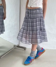【WEB限定】チェック柄フリルミディ丈スカート［骨格ウェーブ／フェミニン／ガーリー／大人かわいい／韓国ファッション］