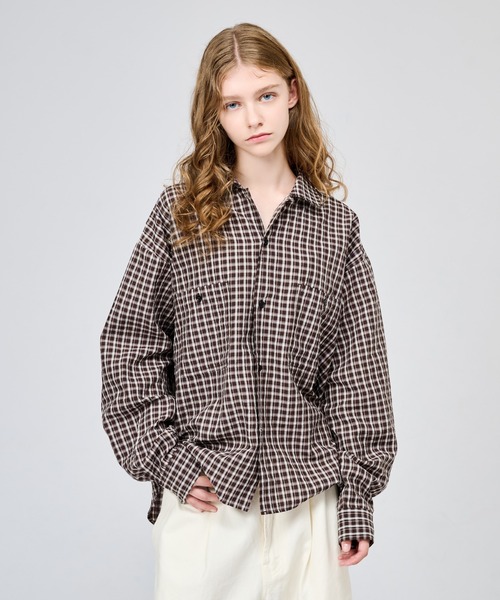 WETTEMPT（ウィテンプト）の「OPEN COLLAR SEERSUCKER CHECK L/S SHIRT / オープンカラーシアサッカーチェックL/Sシャツ（シャツ/ブラウス・メンズ・ブラウン/オフホワイト/ネイビー・SMALL/LARGE/MEDIUM）」の2枚目の写真