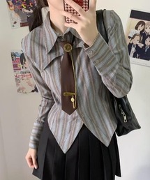 ネクタイ付きストライプ柄長袖シャツ