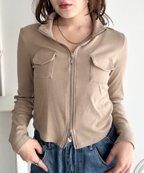 CLEA(クレア)の「ダブルジップハイネックトップス(Tシャツ/カットソー・レディース・グレー/ホワイト/ブラック/ベージュ/カーキ・FREE)」の4枚目の写真
