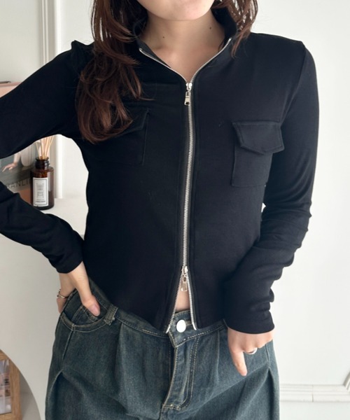 CLEA(クレア)の「ダブルジップハイネックトップス(Tシャツ/カットソー・レディース・グレー/ホワイト/ブラック/ベージュ/カーキ・FREE)」の1枚目の写真