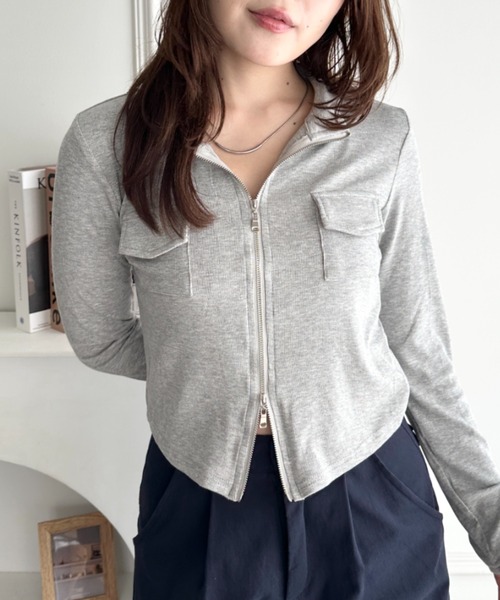 CLEA(クレア)の「ダブルジップハイネックトップス(Tシャツ/カットソー・レディース・グレー/ホワイト/ブラック/ベージュ/カーキ・FREE)」の22枚目の写真