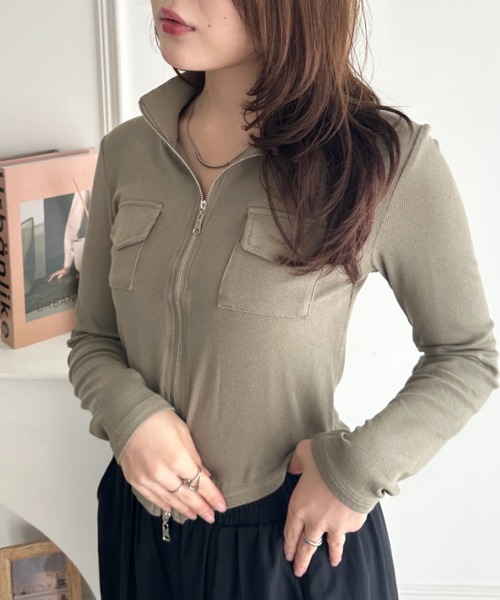 CLEA(クレア)の「ダブルジップハイネックトップス(Tシャツ/カットソー・レディース・グレー/ホワイト/ブラック/ベージュ/カーキ・FREE)」の6枚目の写真