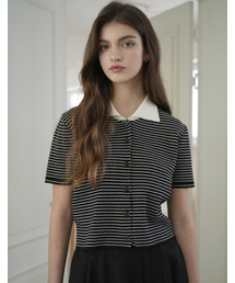 Stripe Collar Half Knit Cardigan (Black)