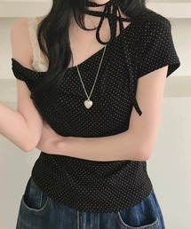 【2026春夏新作】3wayドット柄アシンメトリーオフショルダーレースアップ Tシャツ