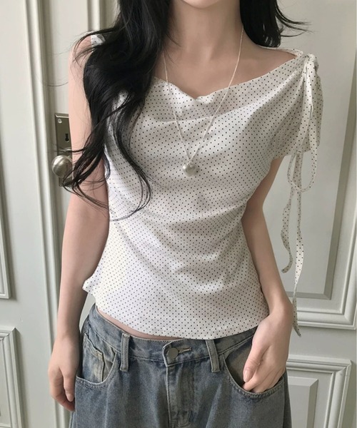 MAISON DE THERESE(メゾン ド テレーズ)の「【2026春夏新作】3wayドット柄アシンメトリーオフショルダーレースアップ Tシャツ(Tシャツ/カットソー・レディース・PINK/Black/White・M)」の2枚目の写真
