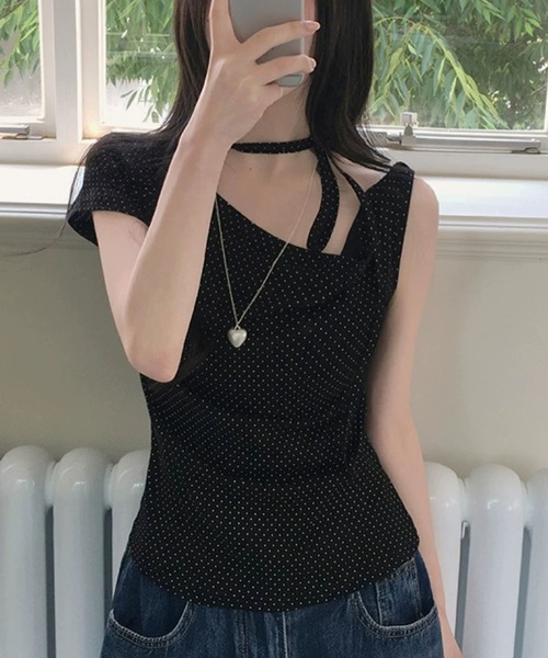 MAISON DE THERESE(メゾン ド テレーズ)の「【2026春夏新作】3wayドット柄アシンメトリーオフショルダーレースアップ Tシャツ(Tシャツ/カットソー・レディース・PINK/Black/White・M)」の4枚目の写真