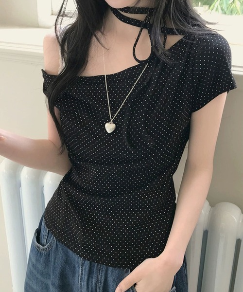 MAISON DE THERESE(メゾン ド テレーズ)の「【2026春夏新作】3wayドット柄アシンメトリーオフショルダーレースアップ Tシャツ(Tシャツ/カットソー・レディース・PINK/Black/White・M)」の6枚目の写真