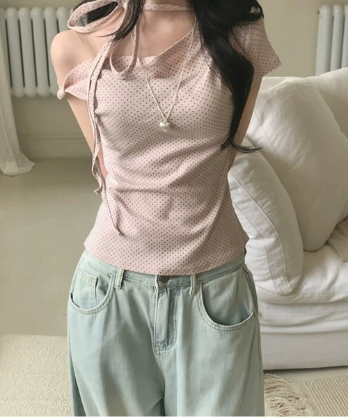 MAISON DE THERESE(メゾン ド テレーズ)の「【2026春夏新作】3wayドット柄アシンメトリーオフショルダーレースアップ Tシャツ(Tシャツ/カットソー・レディース・PINK/Black/White・M)」の15枚目の写真