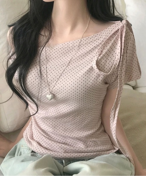 MAISON DE THERESE(メゾン ド テレーズ)の「【2026春夏新作】3wayドット柄アシンメトリーオフショルダーレースアップ Tシャツ(Tシャツ/カットソー・レディース・PINK/Black/White・M)」の12枚目の写真