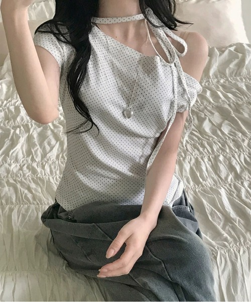 MAISON DE THERESE(メゾン ド テレーズ)の「【2026春夏新作】3wayドット柄アシンメトリーオフショルダーレースアップ Tシャツ(Tシャツ/カットソー・レディース・PINK/Black/White・M)」の17枚目の写真