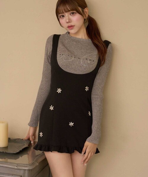 Belle Charme(ベルシャルム)の「【Belle Charme】Flower Bijou Jumper Skirt(ジャンパースカート・レディース・ベージュ/ブラック・FREE)」の7枚目の写真