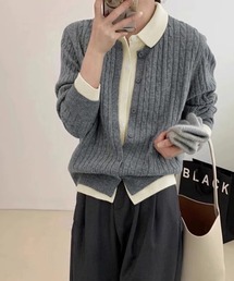 配色襟付きカーディガン風ケーブル編みトップス