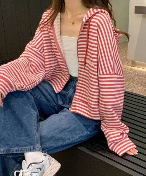 Flugge(フラッジー)の「ボーダージップフーディー(パーカー・レディース・レッド/ブラック・LARGE/MEDIUM)」の2枚目の写真